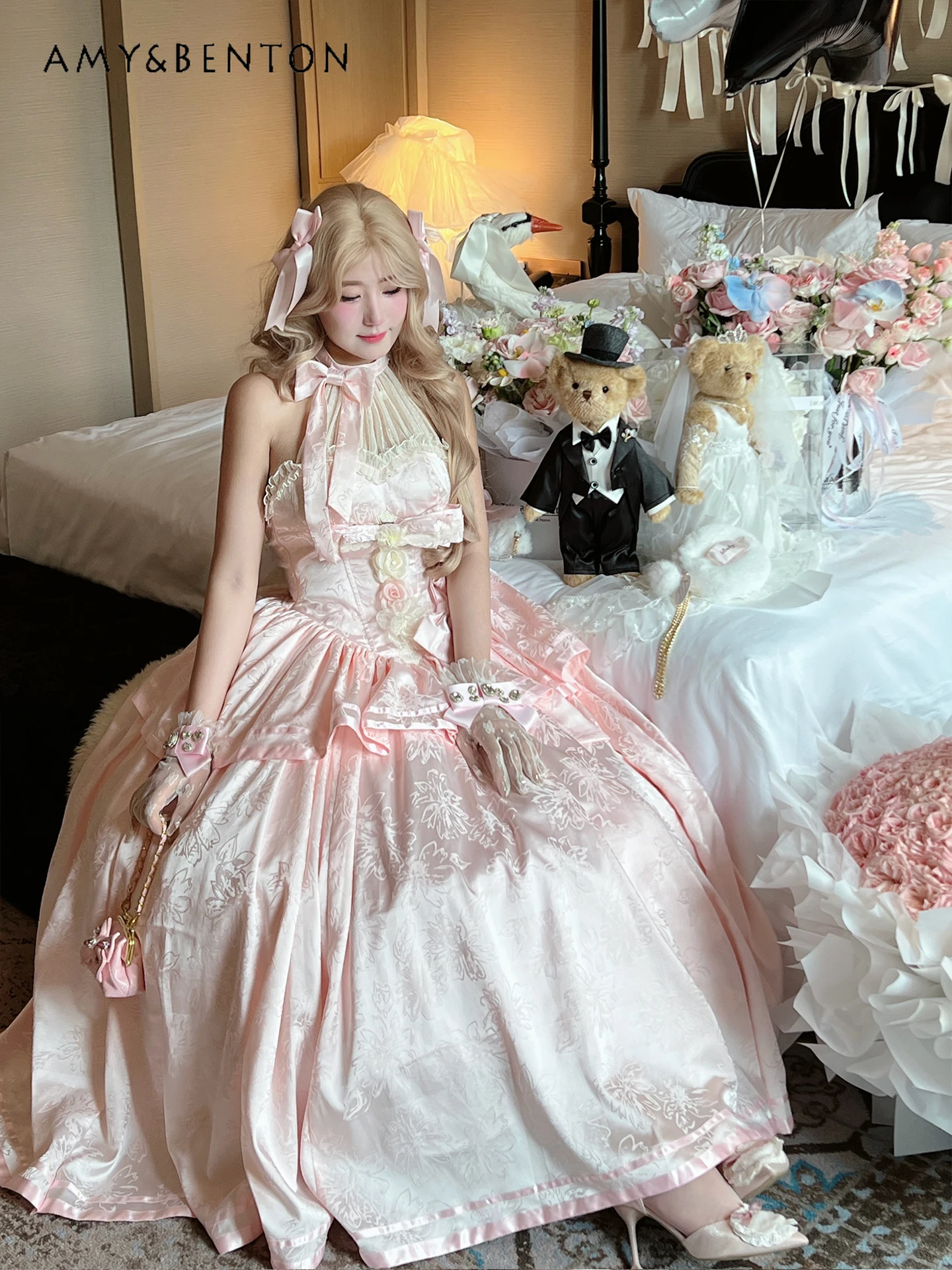 Vestidos de Noche de princesa elegantes y elegantes, vestido de cumpleaños para mujer, dulce Halter rosa, vestido romántico francés sin mangas de longitud media