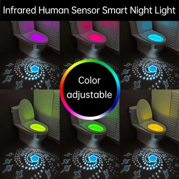 Luzes noturnas inteligentes com sensor de movimento PIR, lâmpada recarregável para vaso sanitário e banheiro, 7 cores