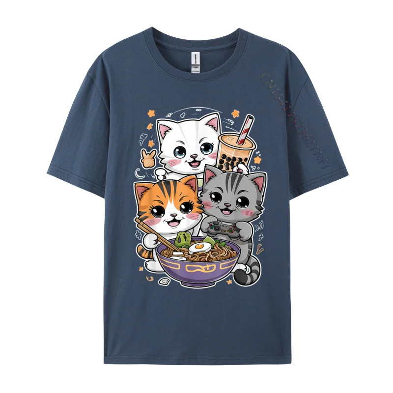 Boba Tea Bubble Tea Gaming Gamer Ramen Cat FunnyNormal Tops Shirts Coupons Pure Cotton Tee-Shirts Men T Shirt Casual