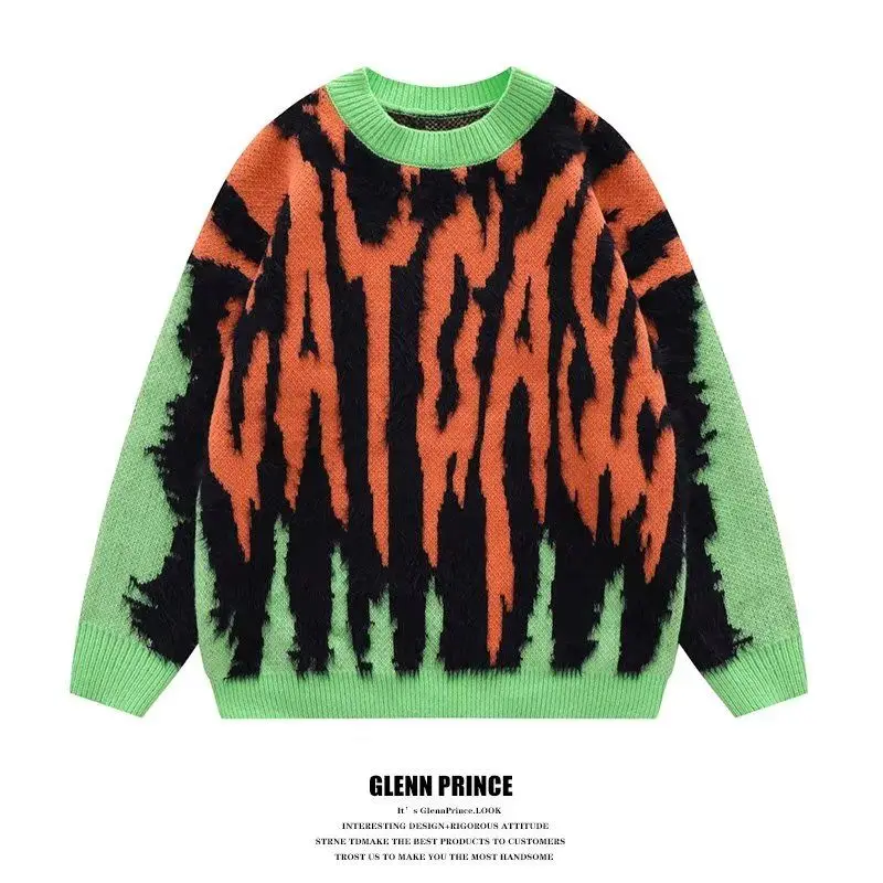 Harajuku Vintage Green Orange Knitted Sweater Men's Women Street Oversized Jumper Pullover Thick Sweater Ugly Sweater