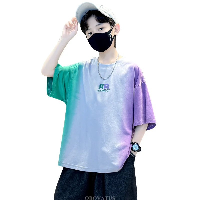 New Summer Boys T-Shirts Fashion Korean Kids Short Sleeve Gradient Tshirt Streetwear Child Luxury Clothes Top Tees Outfits 5-14Y