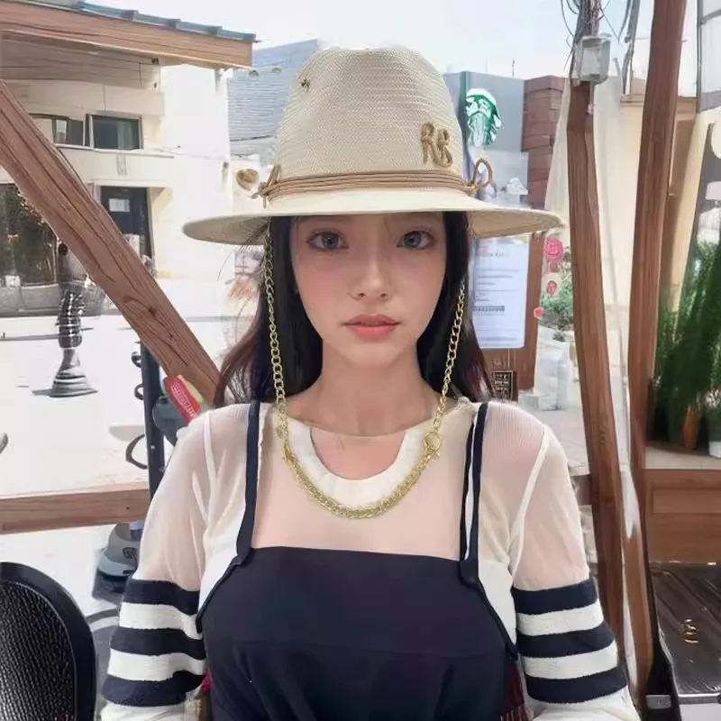 2024 summer new arrival Pierced Chain Strap Fedora Hat for women RB straw hat