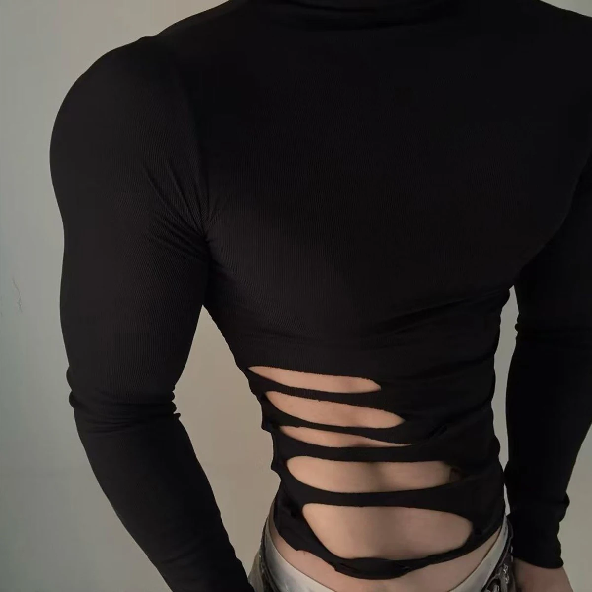 Herren Sommer T-Shirt Langarm-Oberteil mit Halbkragen, Sexy Muskel-Shirt, Figurbetontes T-Shirt mit Seitenschlitz und Rissen, Slim Fit für Herbst – Detail 3