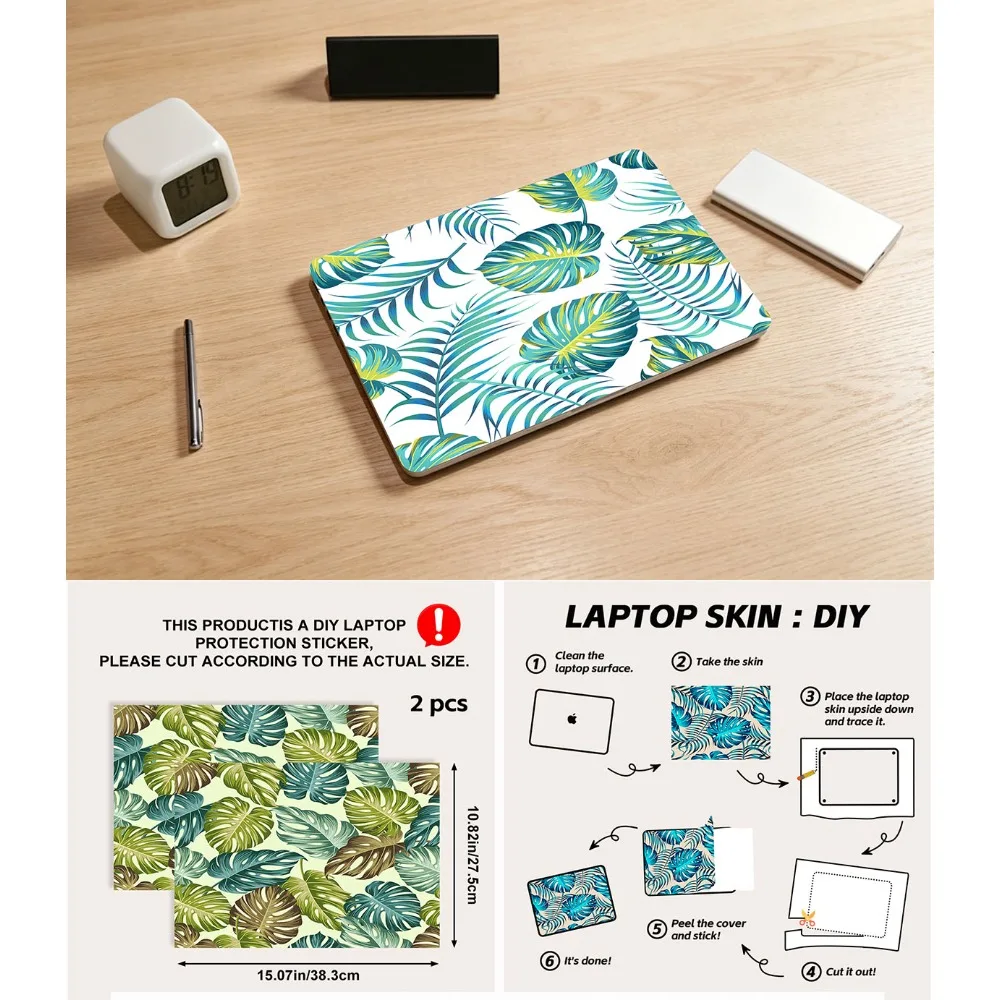 2Pcs Pack Tropical Palm Monstera Laptop Sticker Self-Adhesive Decor Decals for Universal MacBook