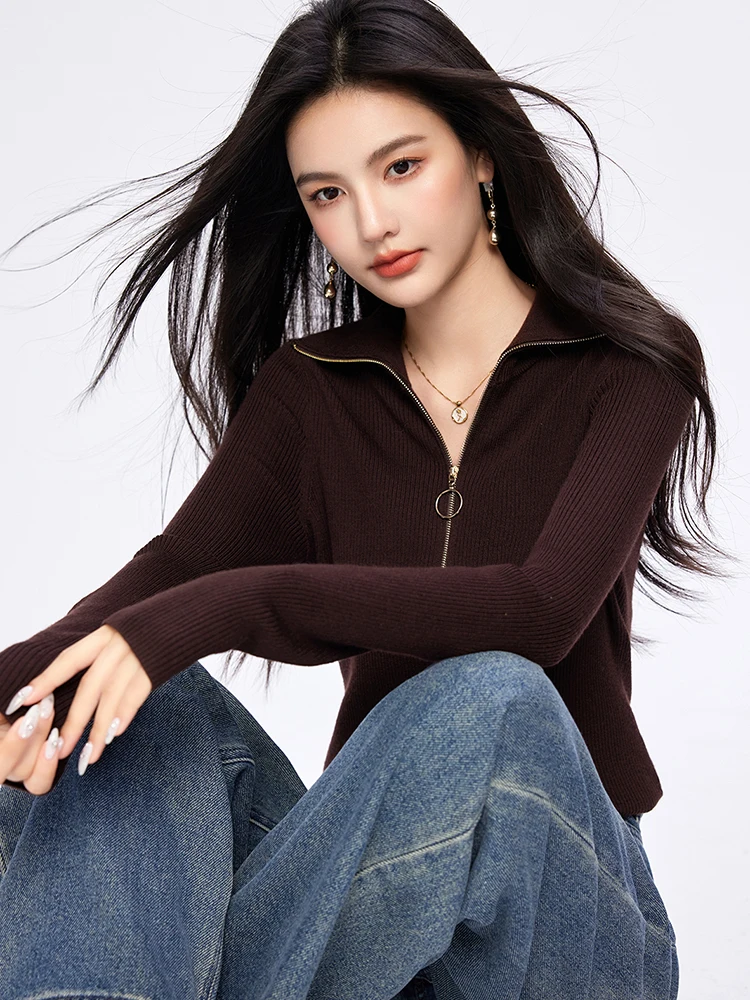 Women Solid Color Knitted Tops Chic Zipper Lapel Long Sleeves Sweater Autumn New Fashion Slim Fit Retro Tops