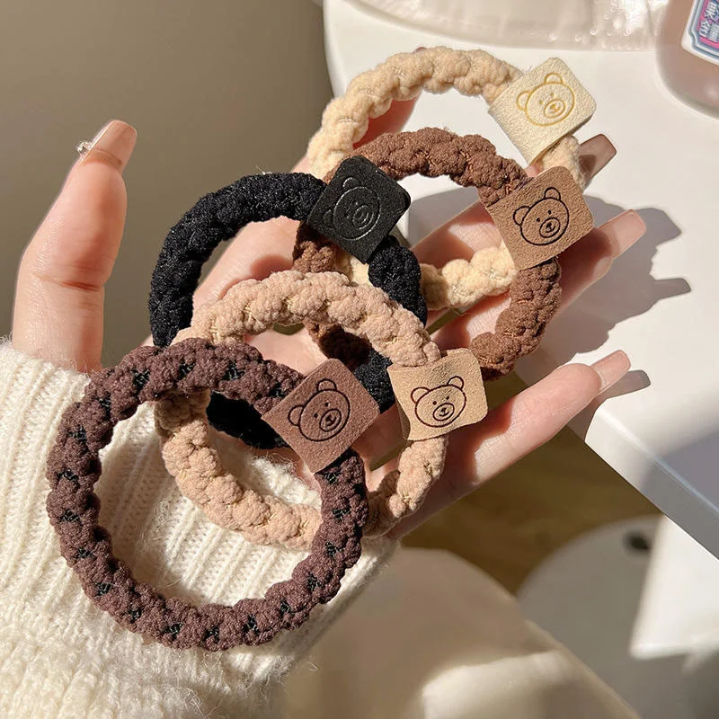 New Women Cute Little Bear Plush Hair Ring Girl\'s Curly Hair Rope Khaki Fashion Lovely Hair Circle Hair Tie Headwear Accessories