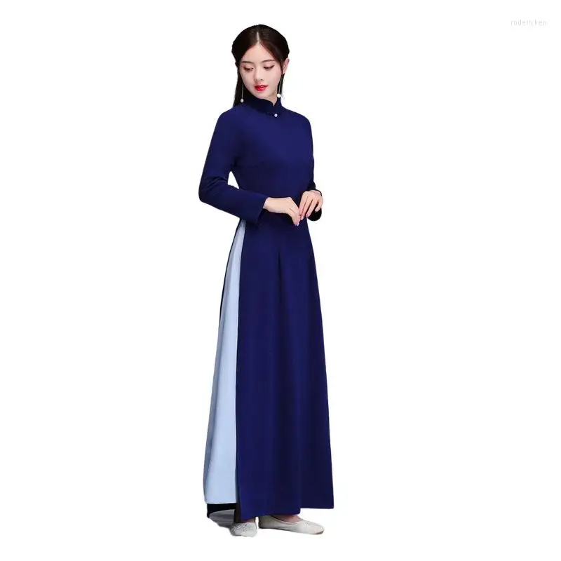 Oriental Ao Dai Vietnam Traditional Dress Women Improve Chinese Style Stand Collar Hand Buttons Slim Cheongsam Ethnic Clothing