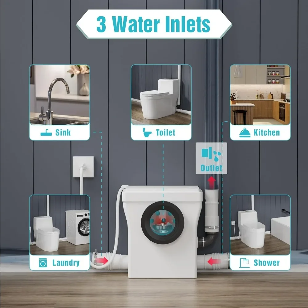 One Piece Macerating Toilet System with Macerator Toilet Pump  3 Inlets for Rear Outlet Toilets 600W Compact Upflush Toilet