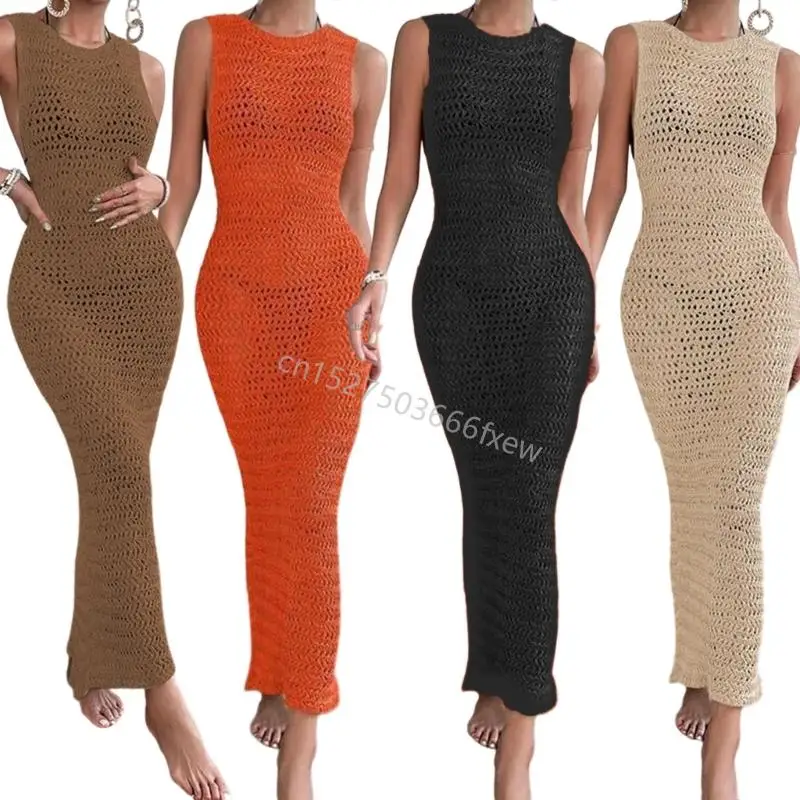 Women Beach Dress Hollow Out Dress Brick Bress Bust Cover Up Olcyfleess Dress Swimsuit Cover Up Long Fress for Beachwear R9CE