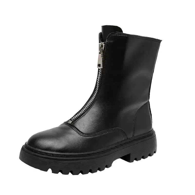 

Black punk style front zipper Ankle Boots for woman Autumn Winter 4cm mid Heels platform motorcycle round toe short Boots FT5263