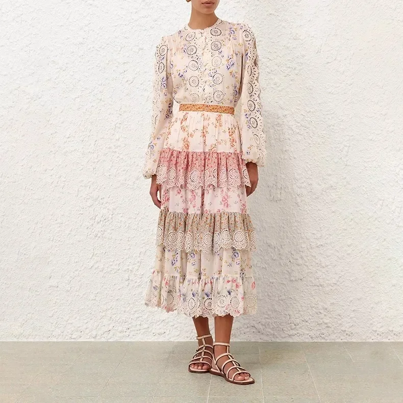 

Cotton 2025 Spring Summer New Floral Print Embroidery Cascading Layered Ruffles Frilled White Women Blouse and Midi Skirt Set