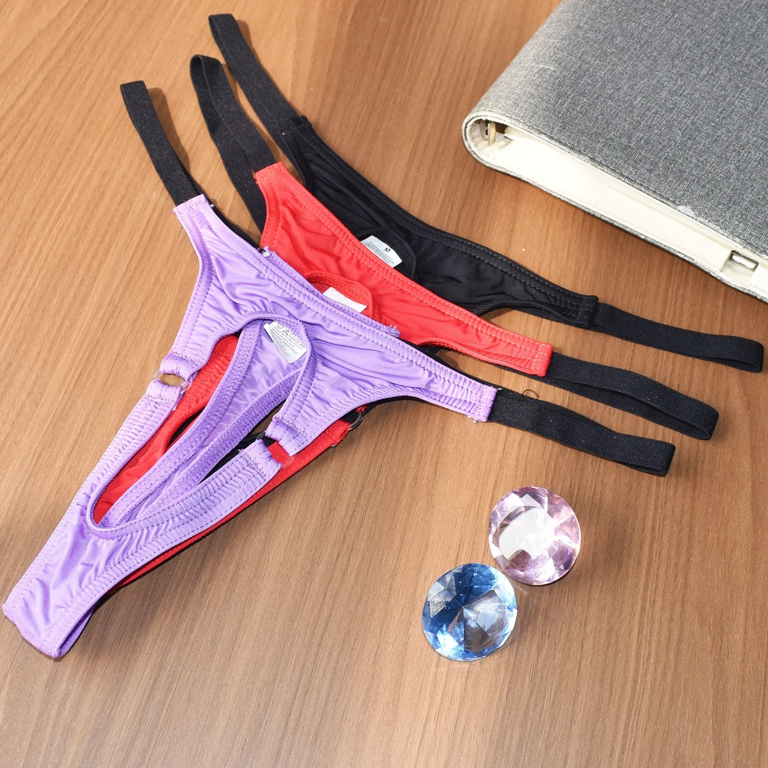 Men's Sexy Ice Silk T-Back Thong Underwear Low-Rise Tanga Slim Fit Front Cutout Adjustable Strap Design Gay Erotic Intimate Wear