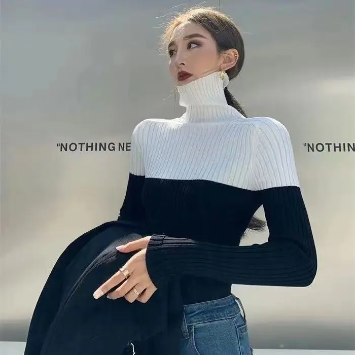 

Knitted Long Sleeve Retro Turtleneck Contrast Color Women Sweater Pullover Chic Versatile Oversized Sweater Top Slim Shirt