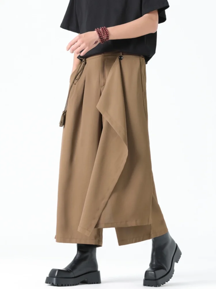 

New Chinese Style Ice Silk Men's Summer Pants Drapey Straight Leg Wide Leg Skirt Pants Youthful Vitality Style Nine Point Pants