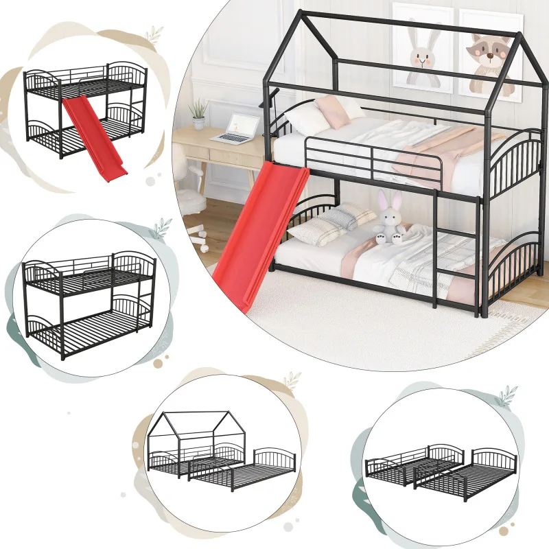 Litera de Metal con tobogán, cama de casa para niños, color negro y rojo