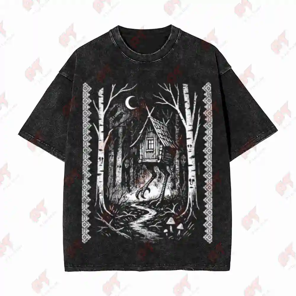 Baba Yaga Hut Slavic Folklore Occult Forest Witch Vintage Washed Tee Pure Cotton T-Shirt view 4