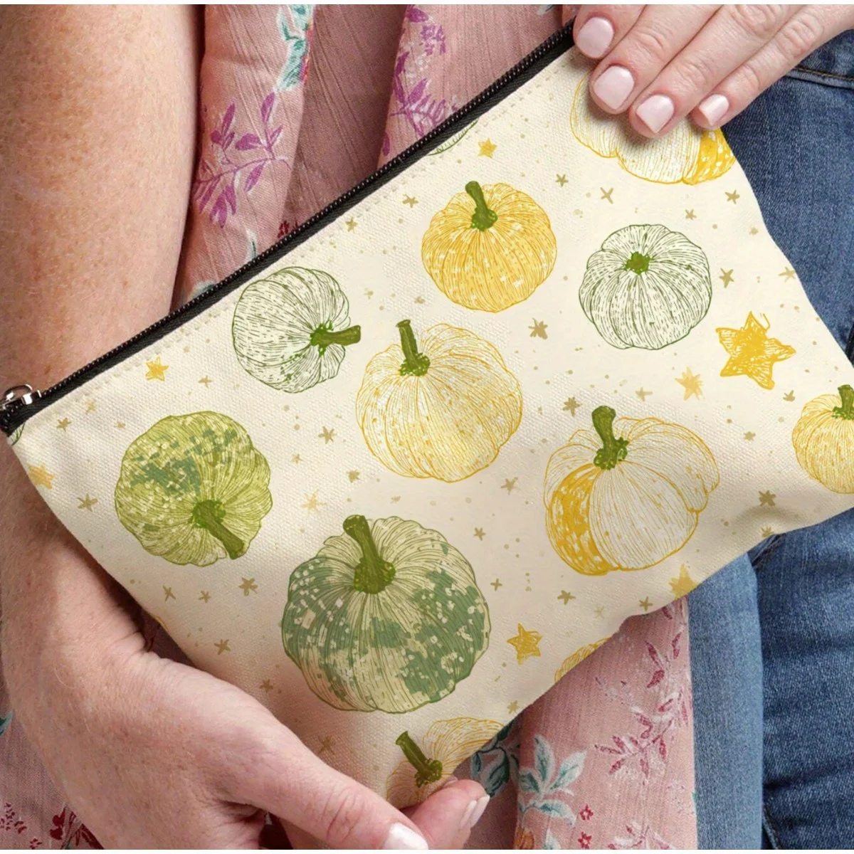 Un sac de maquillage imprimé citrouille et feuilles de Thanksgiving - pochette multifonctionnelle à fermeture éclair, sac de rangement de bijoux, petite fermeture éclair de voyage parfaite