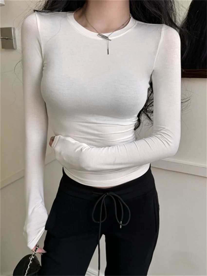 

PLAMTEE Spring Bottoming T-Shirts Thin Women Base Wear Slim Skinny High Stretch 2024 All Match Minimalist New Solid Tees