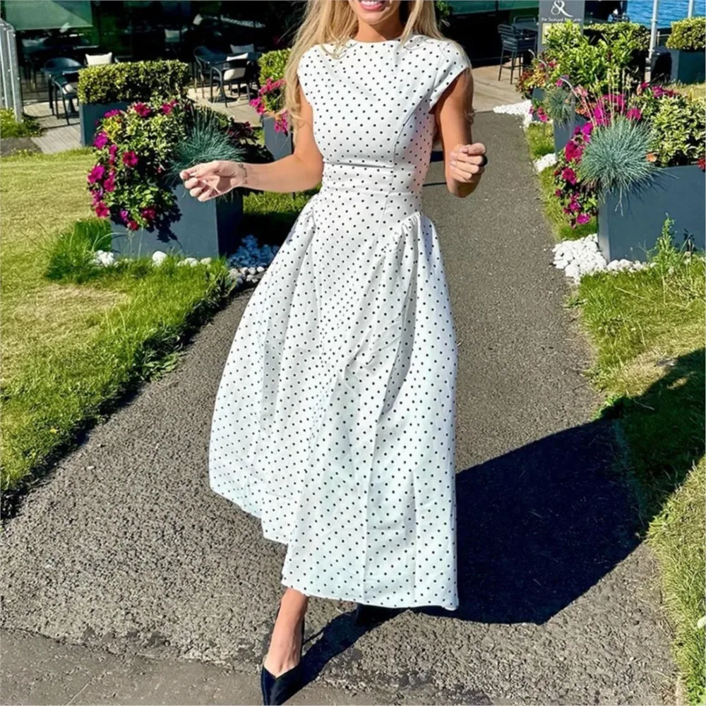Sommerliches bedrucktes Polka-Dot-Kleid für Damen mit kurzen Ärmeln und hoher Taille – Neues, modisches, elegantes Party-Maxikleid in Weiß für Damen 2026