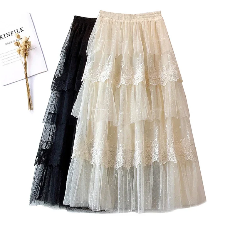 

Elegant Lace Patchwork Tulle Long Skirt for Women 2024 Romantic Polka Dot A Line High Waist Tiered Mesh Midi Skirt Female Z553