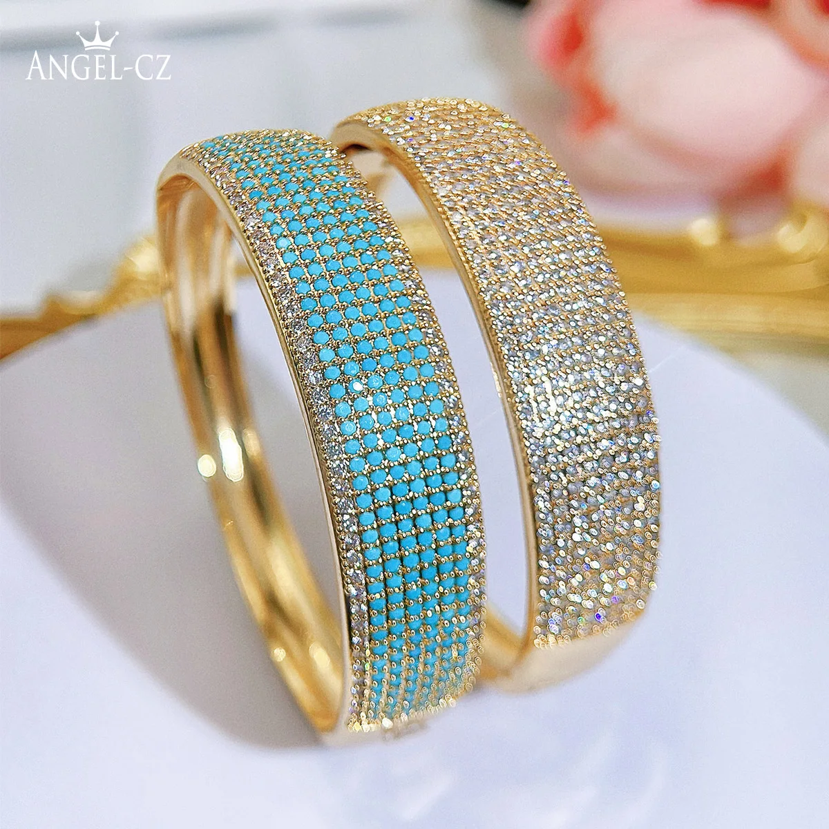 ANGELCZ High Grade Bridal Wedding Big Bangle  Golden Full Micro Pave Tiny AAAAA Cubic Zirconia Luxury Wrist Jewlery AB208