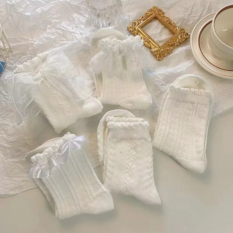 5 Pairs Lolita Socks White Bow Lace Socks Mid-Calf Japanese College Style Princess Socks Sweet Streetwear Hosiery