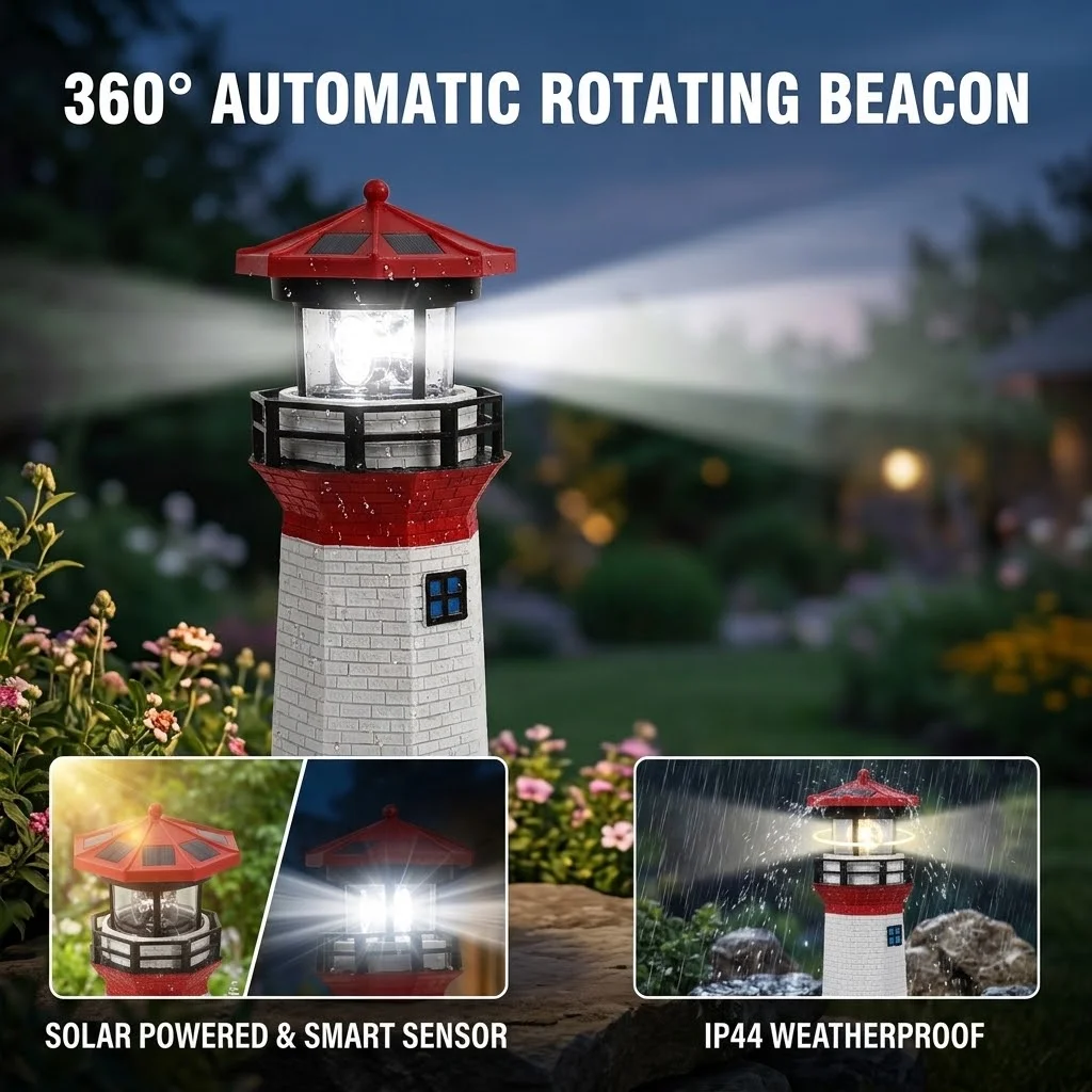 Solar Red & White Lighthouse Statue with 360° Rotating Beacon Light - Solar Powered Dusk to Dawn Automatic Sensor Outdoor Decor Light, Durable All-Weather Resin Garden Light for Patio Yard Lawn Landscape