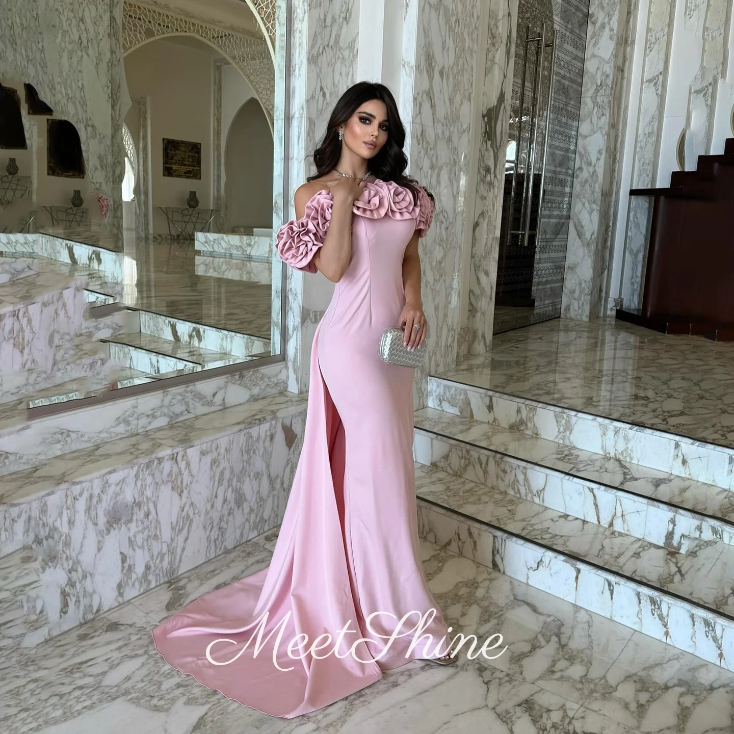 

Romantic Pink 3D Flower Mermaid Evening Dresses Elegant Off Shoulder with Cape Prom Dress Saudi Arabia Party Dress Customized