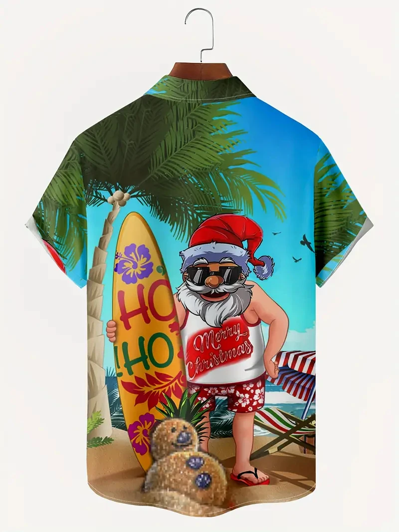 2025 Camisa hawaiana de surf de Papá Noel Camisas de dibujos animados de moda unisex Blusa de manga corta Tops festivos de Navidad para vacaciones