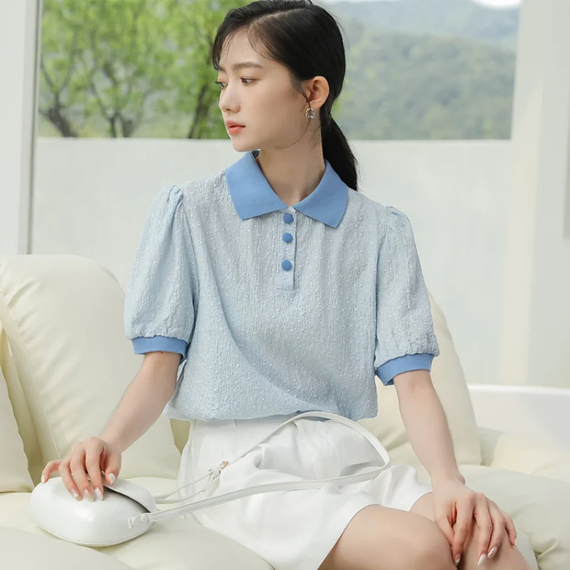 T-shirt estive con maniche a sbuffo Patchwork da donna coreano nuovo colletto rovesciato bottoni top moda blu cotone femminile Casual Tees Pop