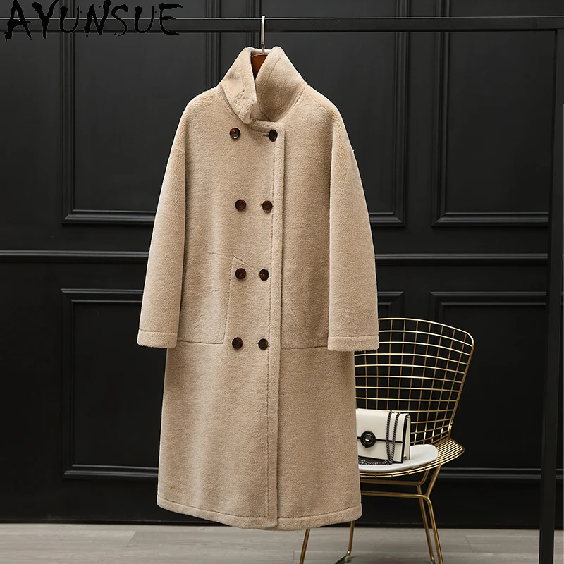 AYUNSUE 100% Wool Coat Women Mid-length Sheep Shearling Jacket Autumn Winter Clothes Пальто Женское Composite Fur Two-way Wear