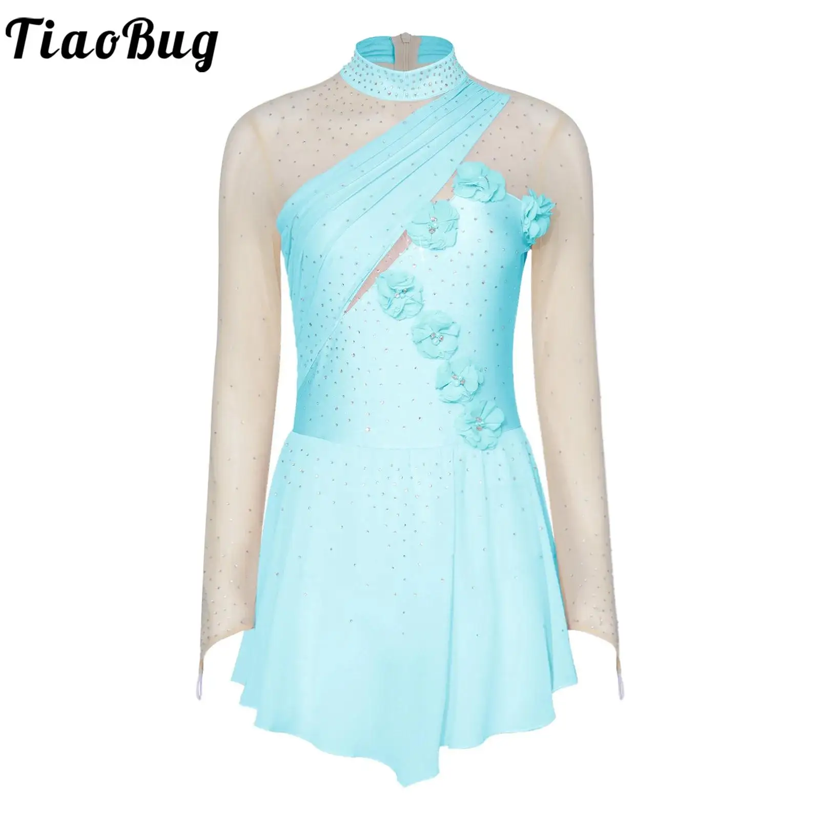 

Женские костюмы для фигурного катания и гимнастики: платье-леотард с 3D цветочными аппликациями, стразами и сетчатыми длинными рукавами для выступлений на льду