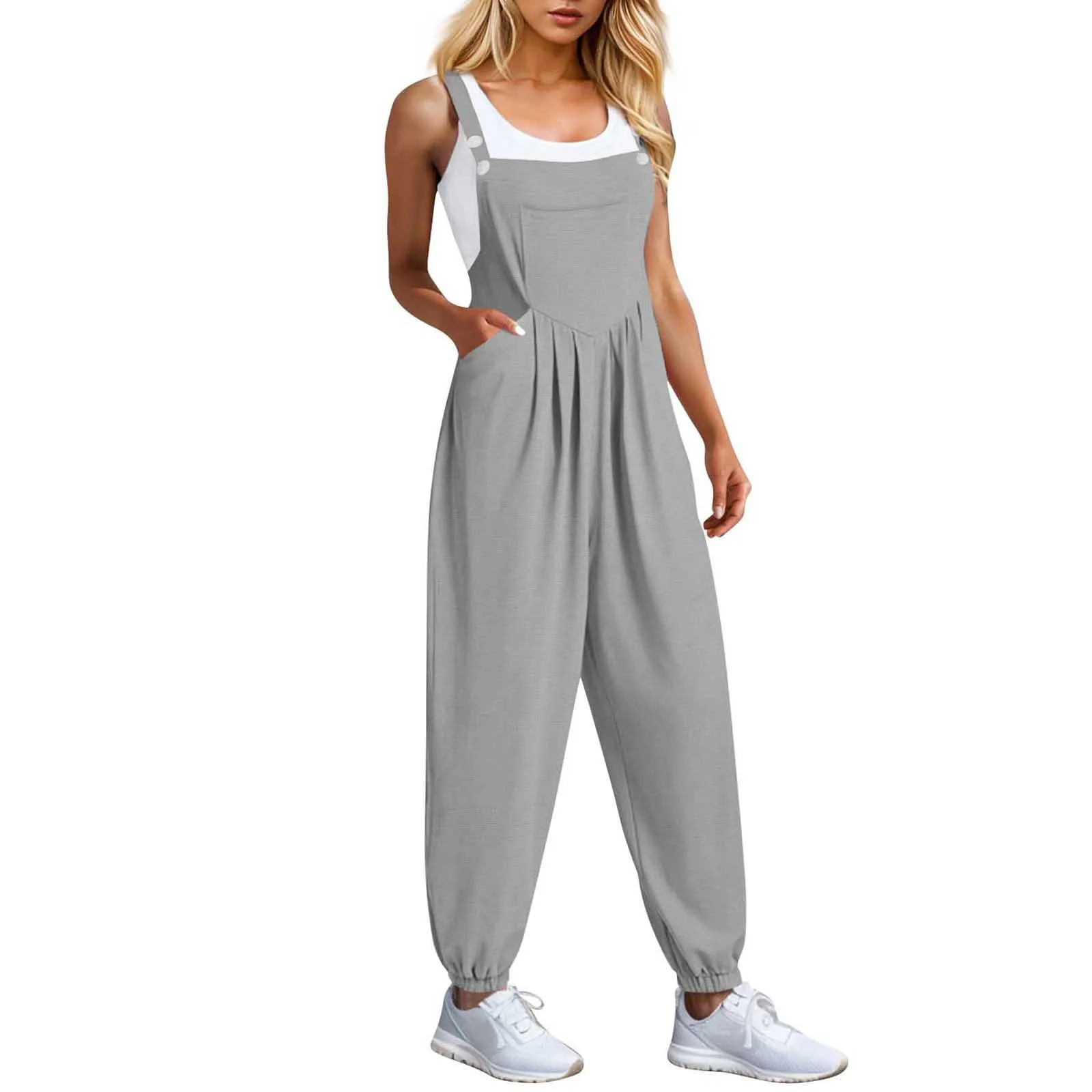 ポケット付きの女性用ノースリーブロンパース、カジュアルジャンプスーツ、クラシックボタン、調節可能なストラップ、ハイウエスト、プリーツ、新しい単色
