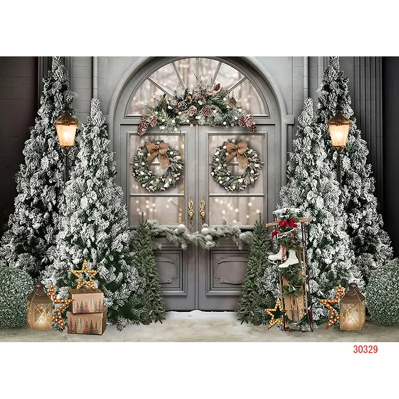 SHENGYONGBAO Christmas Tree Window Wreath Photography Backdrop Wooden Doors Snowman Cinema Pine New Year Background Prop TNB-07