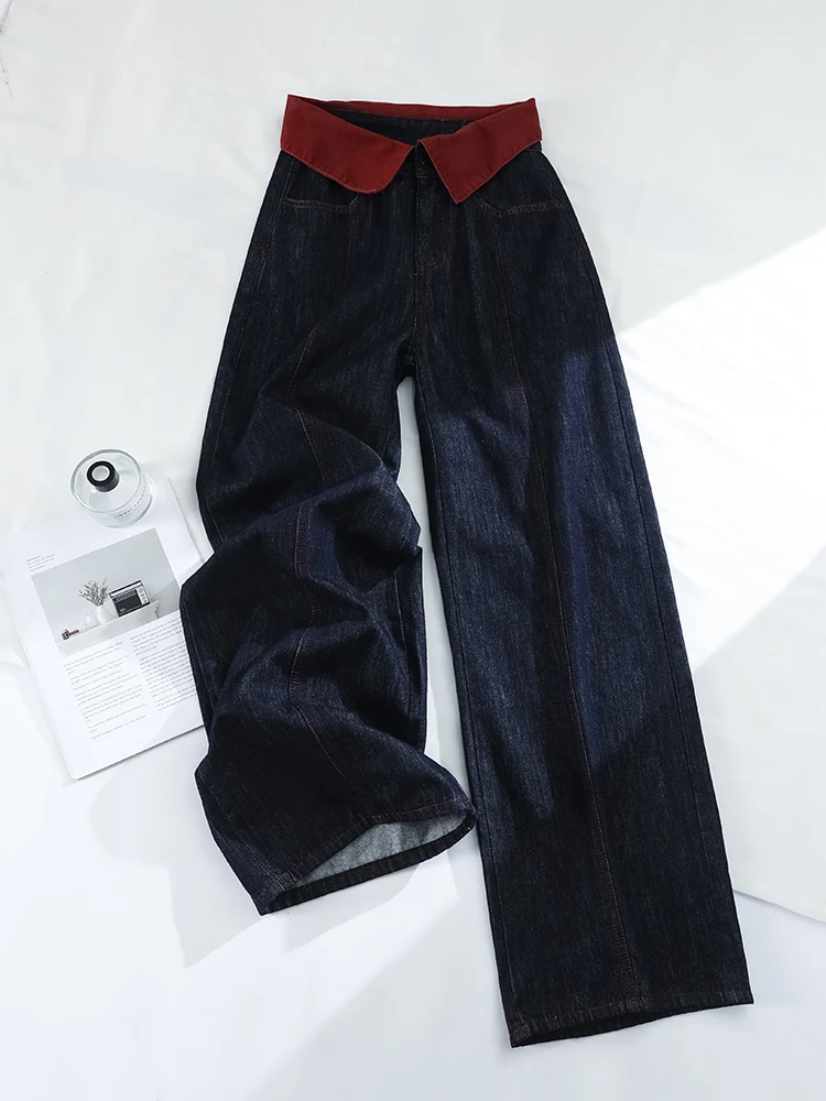 

Анкара красные широкие джинсы с высокой талией, женские модные осенние утягивающие синие брюки из смеси хлопка и полиэстера