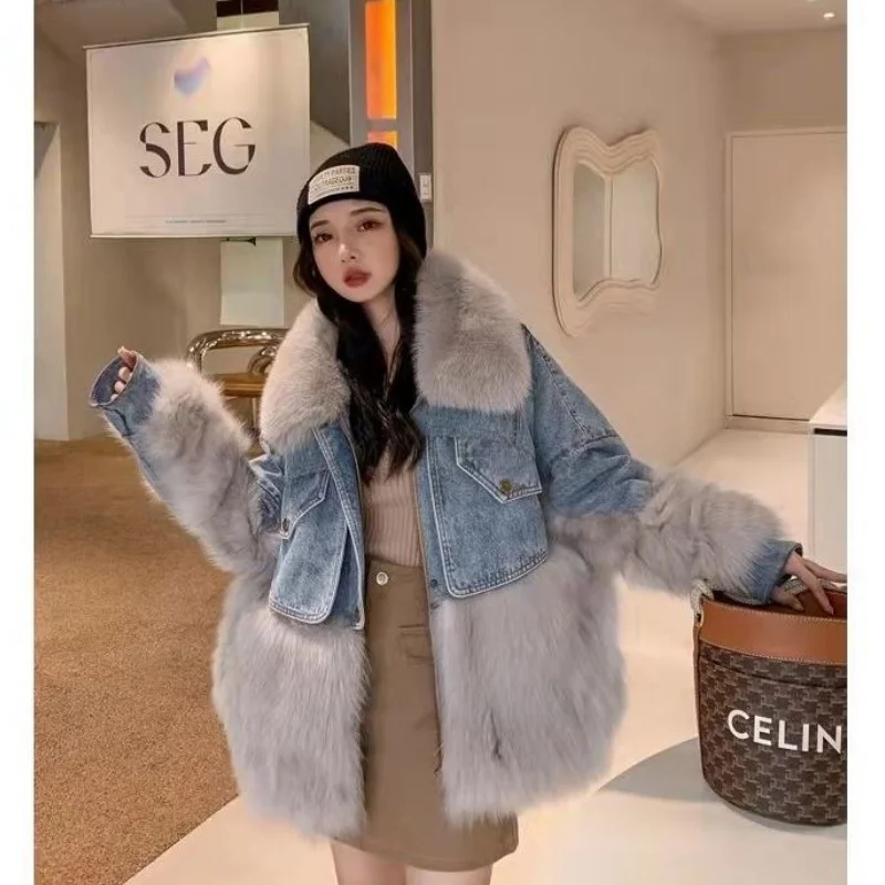 2024 New Imitation Fox Fur Patchwork Fur Coat Korean Version Casual Big Fur Collar Thickened Denim Pie Overcome