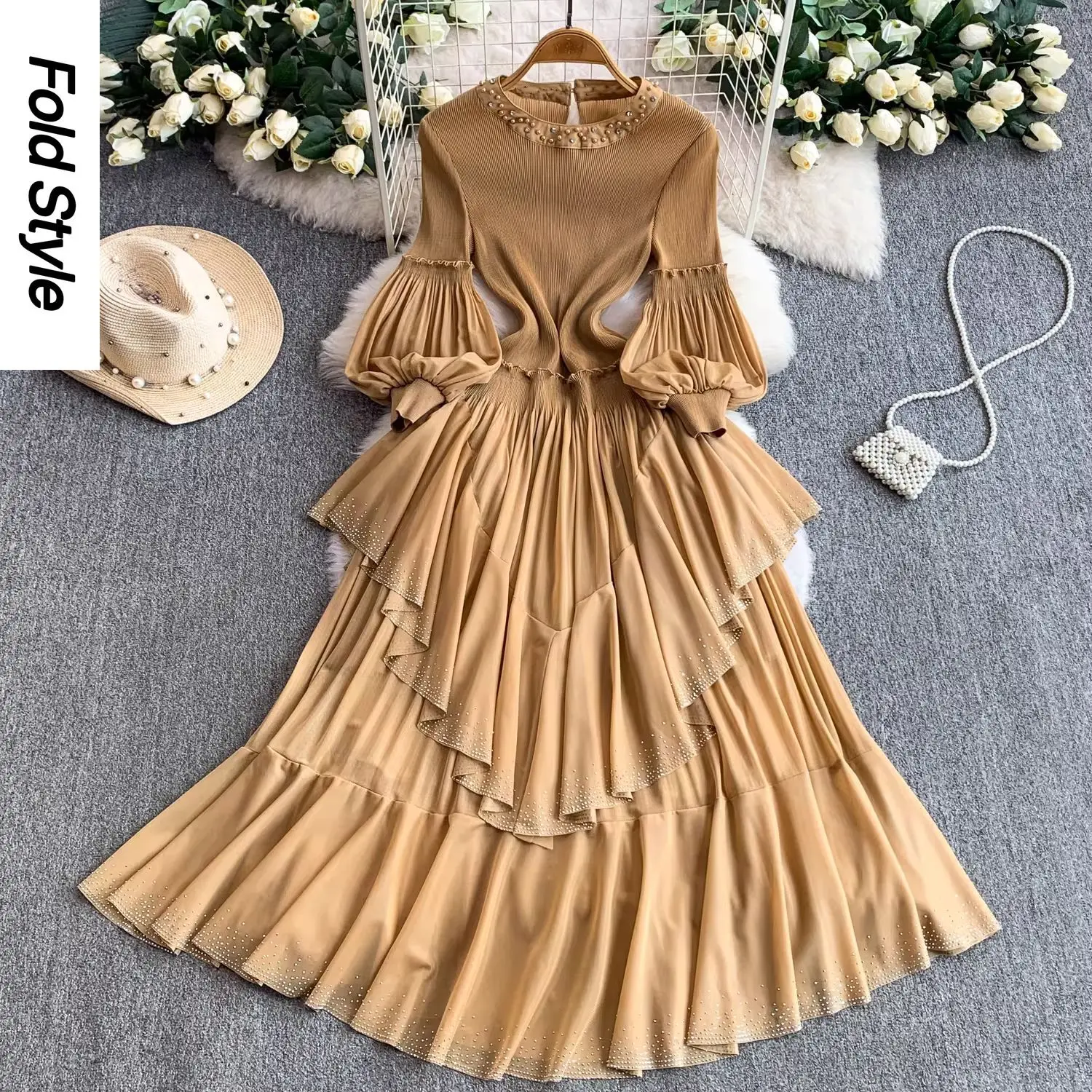 

Miyake 2026 New Dress Women's Niche Light Luxury Pleated Lantern Sleeves Waist Thin Hot Diamond Ruffle Edge Dress