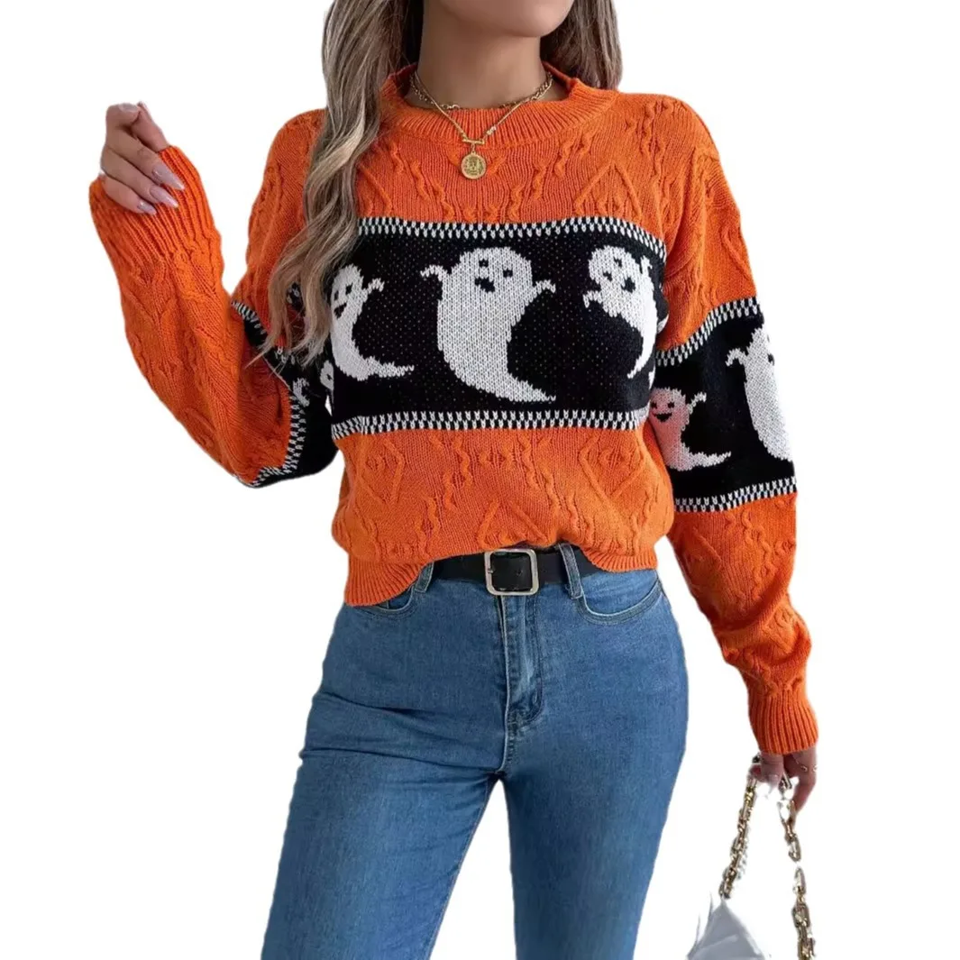 

2025 Halloween-themed Ghost Contrasting Color Long-sleeved Pullover Sweater Autumn Winter Women's Sweater Tops Sweaters Women