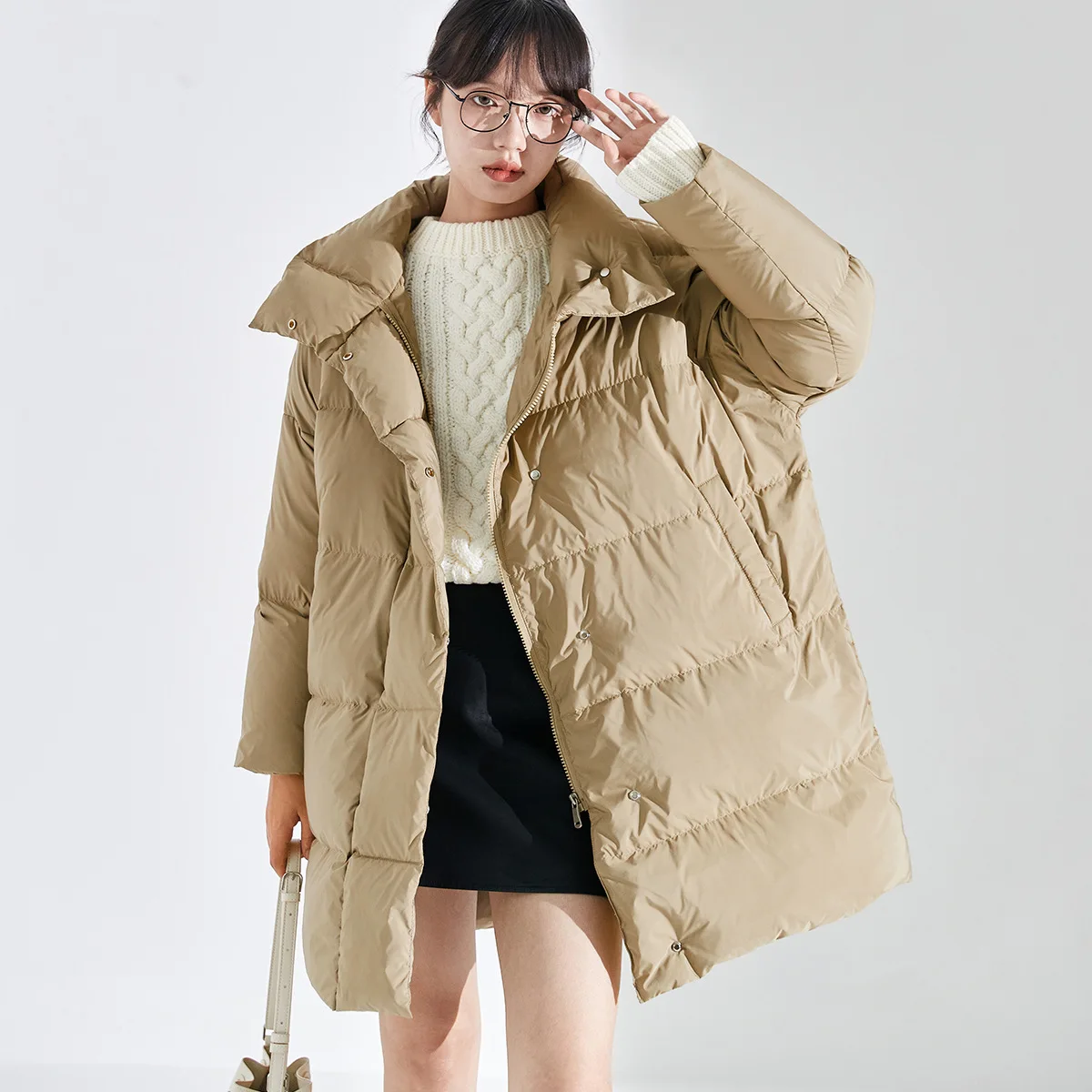 Winter Thickened Fashion Stand Collar White Duck Down Warm Mid-Length Down Jacket Women's Winter Clothes Korean Style Loose coat