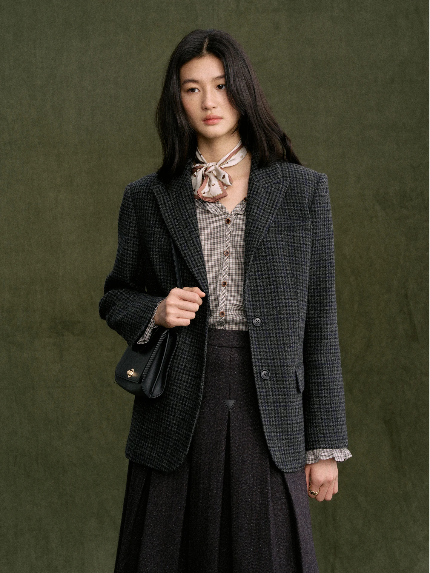 

Jicouture Pure Wool Color Woven Plaid Suit Women's Casual Autumn Winter Slimming High Faion Quali Long Sve irt