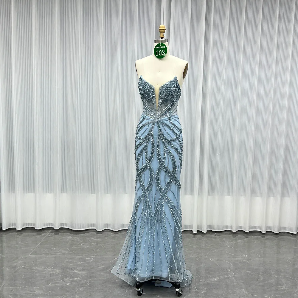 

YQLNNE 0103 Синие кристаллы и жемчуг, корсет, платья для выпускного вечера, вечернее платье русалки