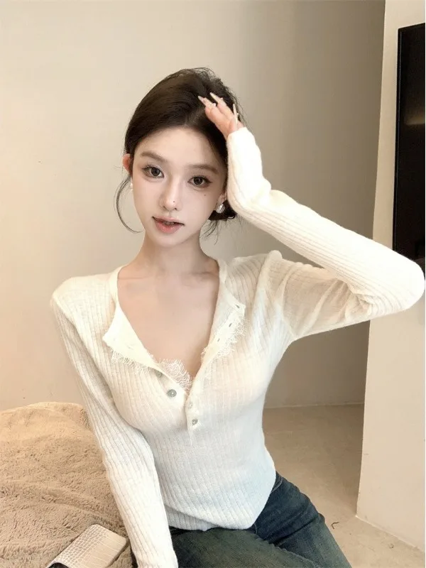 كشكش تقليم V-Ne طويل Sve محبوك المرأة سليم صالح Faionable ربيع الخريف الأبيض القطن الخالص سباندكس مزيج