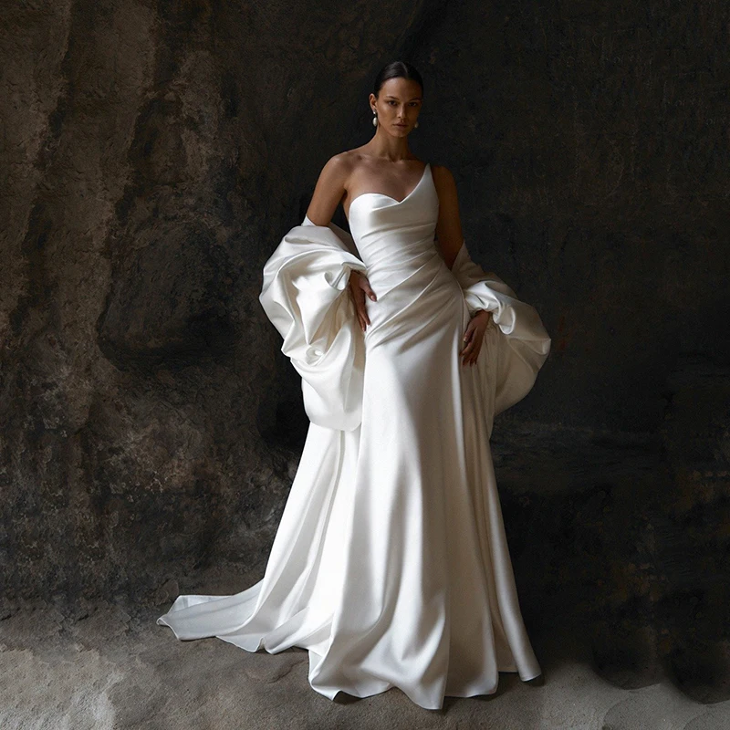 

Eightree White A-Line Wedding Dresses One Shoulder Shawl Satin Evening Wedding Ball Gowns Women Bridal Prom Dress Customized