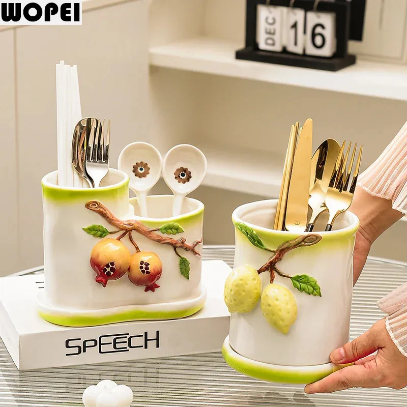 Relief Lemon Ceramic Chopstick Holder Creative Pomegranate Chopstick Rest Drainage Storage Rack Knife Fork Jar Home Storage Tool