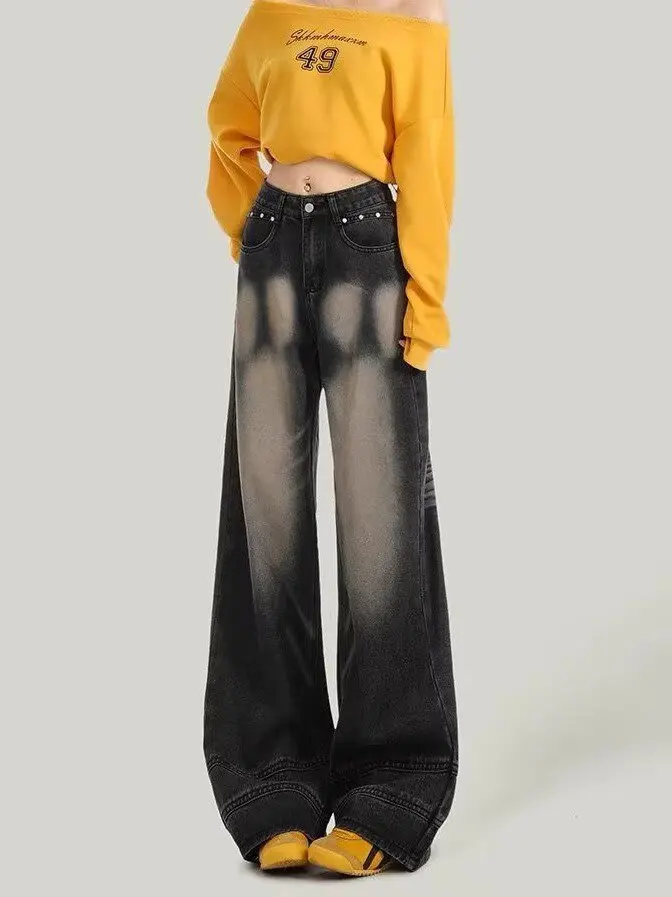 Retro American Washed White Design Women's Wide Leg Loose Straight Jeans for Pear Shaped Body Denim Pants Natural Waist