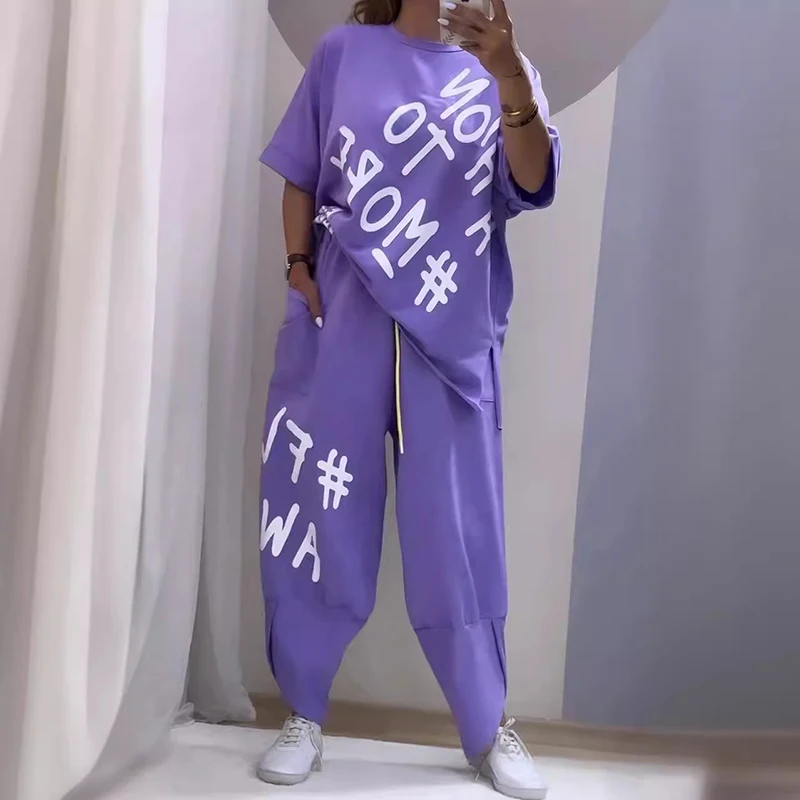 New Casual Sportswear Women Set Spring Half Sleeve Top Pullover and Pocket Pants Outfit Summer Round Neck T-shirt Two-piece Suit