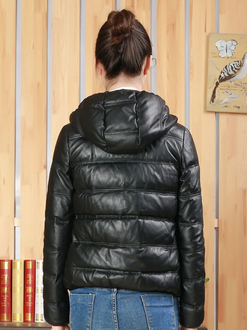 Coat Down Real Leather Women Winter Warm Genuine Leather Down Jacket Female Black Slim Hooded Long Sleeve Sheepskin Outerwear