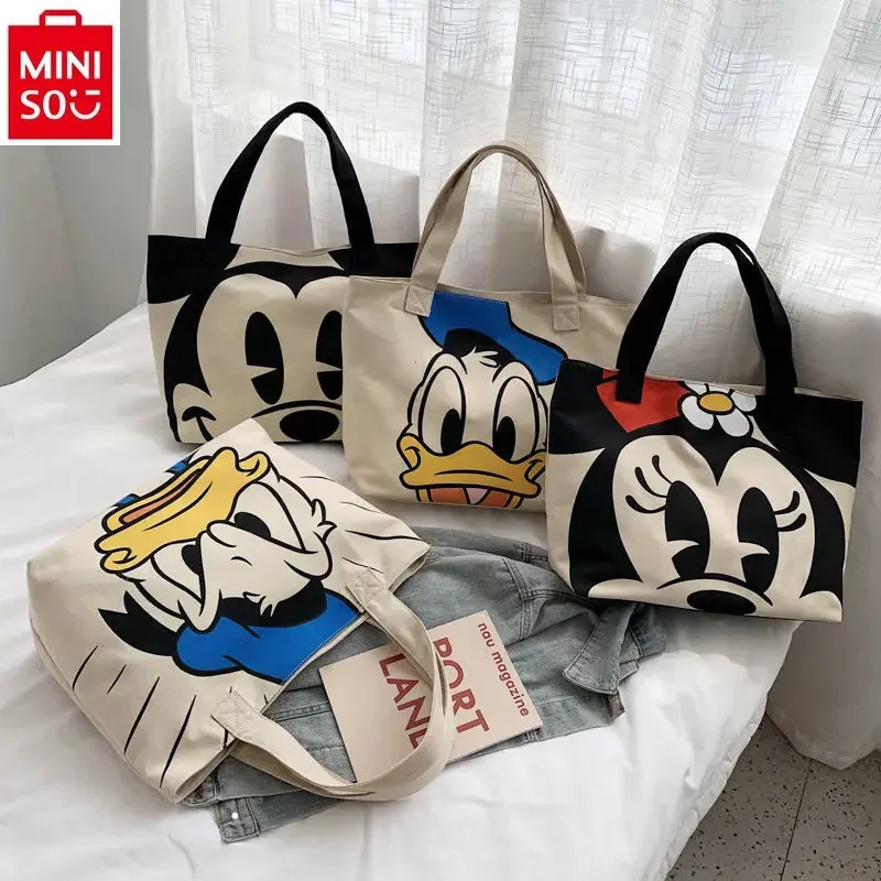 MINISO Disney High Quality Fashion Canvas Donald Duck Mickey Printed Handbag Women's Casual Large Capacity Tote Bag