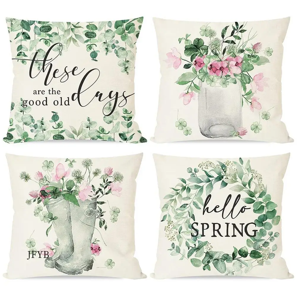 

JY-Spring Pillow Covers 18X18 Set Of 4 Farmhouse Throw Pillows Cases Spring Decorations Cushion Covers For Home Couch