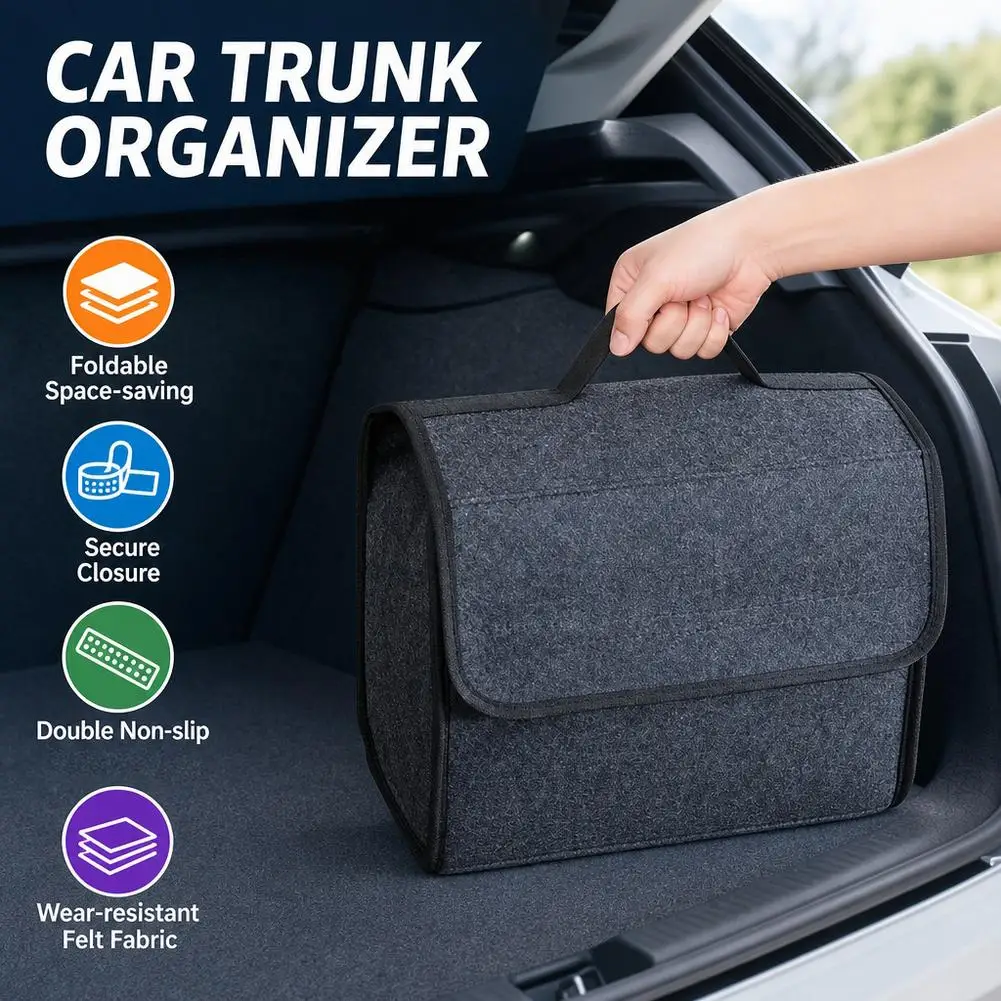 Car Trunk Organizer Collapsible Felt Storage Bin Cargo Container with Non-Slip Bottom and Carrying Handles for SUV Sedan